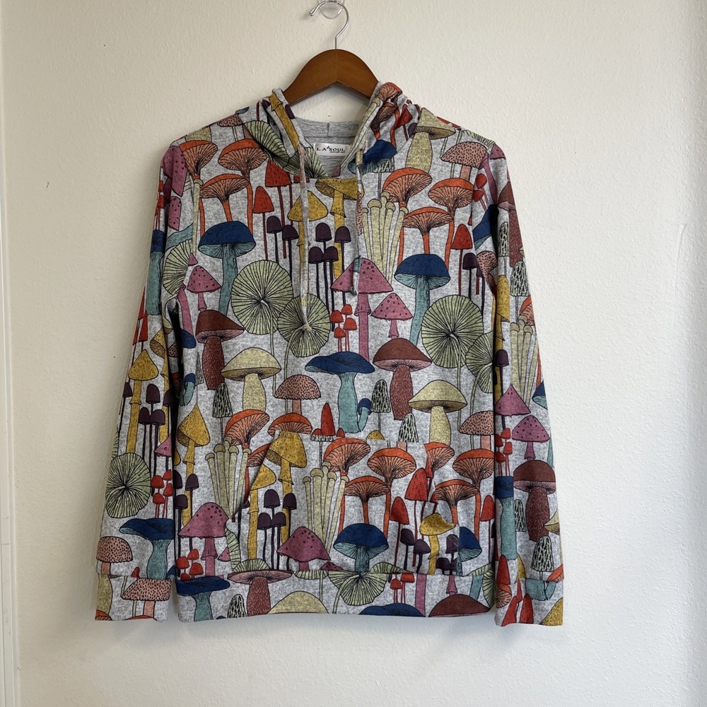 LA Soul Hoodie Womens Size Medium All Over‎ Graphic Mushroom Print drawstring